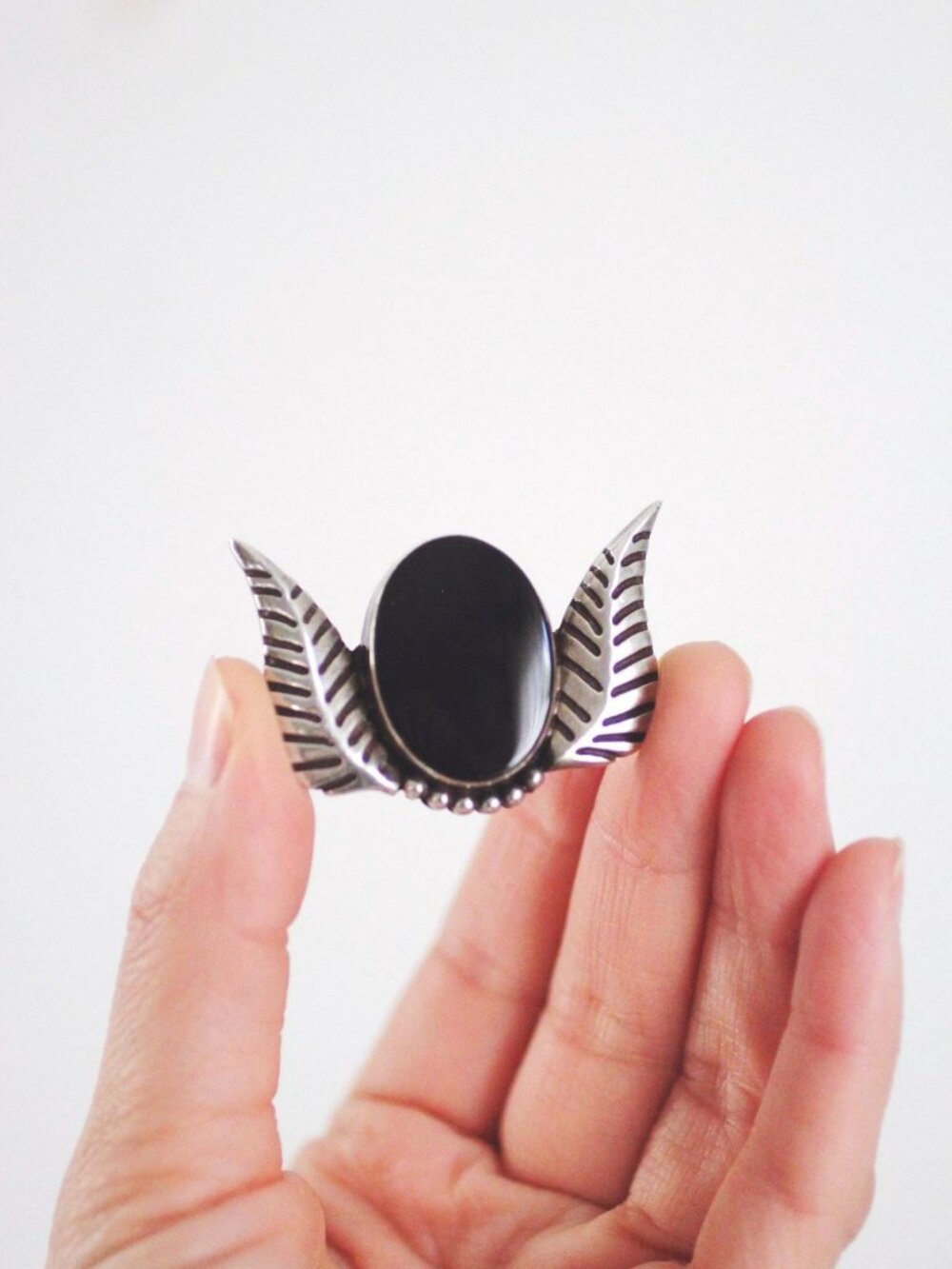 Vintage Sterling Silver Onyx Pendant Geometric Winged Design Signed AGE